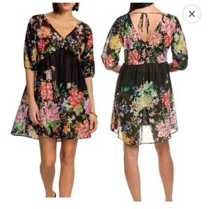 Johnny Was California Black Floral Print V Neck Mini Dress Size M